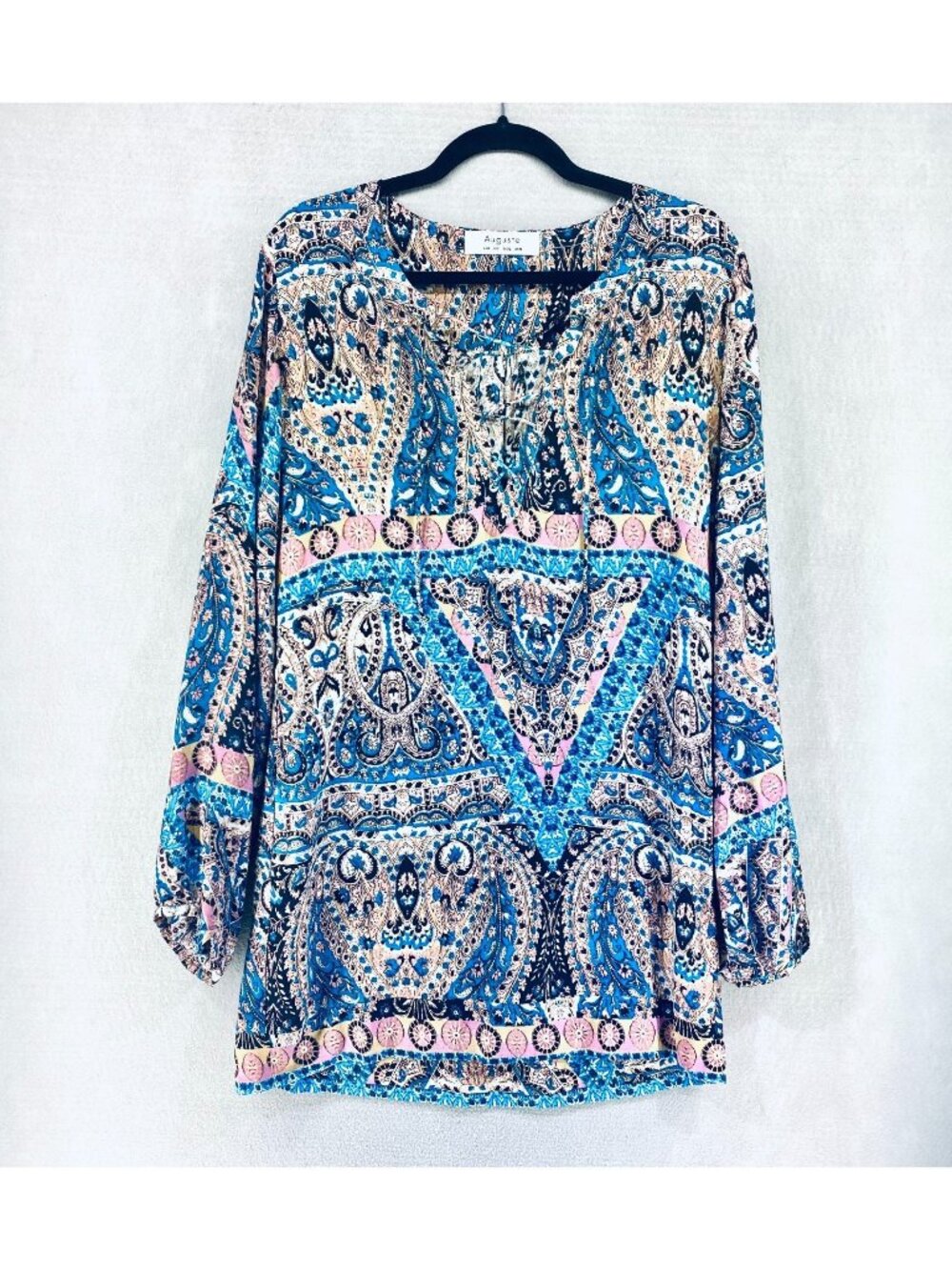 Augusta Dress Womens 8 Blue Paisley Corset Neck Long Sleeve Mini Boho
